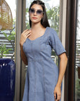 Solid Denim Square Neck Half Short Sleeve Dress light-blue