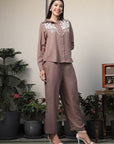Shirt Collar Embroidered Cotton Shirt With Trousers Co-Ords Set brown