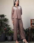 Shirt Collar Embroidered Cotton Shirt With Trousers Co-Ords Set brown
