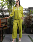 Shirt Collar Embroidered Cotton Shirt With Trousers Co-Ords Set lime-green