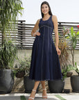 Solid Denim Round Neck Midi Dress blue