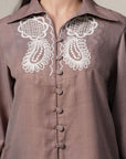 Shirt Collar Embroidered Cotton Shirt With Trousers Co-Ords Set brown