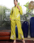 Shirt Collar Embroidered Cotton Shirt With Trousers Co-Ords Set lime-green
