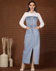 Solid Light Blue Shirt Collar Maxi Dress