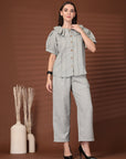 Grey Solid Round Neck Top With Trousers Co-Ords Set
