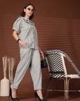 Grey Solid Round Neck Top With Trousers Co-Ords Set