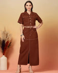 Brown Solid Shirt collar Top With Skirt Co-Ords Set