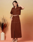 Brown Solid Shirt collar Top With Skirt Co-Ords Set