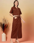 Brown Solid Shirt collar Top With Skirt Co-Ords Set