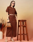 Brown Solid Shirt collar Top With Skirt Co-Ords Set