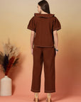 Solid Brown Round Neck Shirt With Trousers Co-Ords