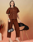 Solid Brown Round Neck Shirt With Trousers Co-Ords