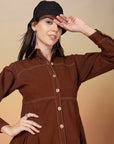Solid Brown Shirt Collar Dress