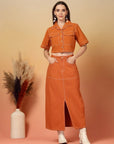 Orange Solid Shirt collar Top With Skirt Co-Ords Set