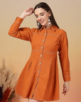 Solid Orange Shirt Collar Dress