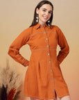 Solid Orange Shirt Collar Dress