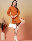 Solid Orange Shirt Collar Dress