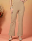 Beige Solid Regular Fit Flat-front Trouser