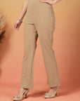 Beige Solid Regular Fit Flat-front Trouser