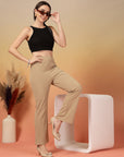 Beige Solid Regular Fit Flat-front Trouser