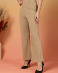 Beige Solid Regular Fit front Flate Trouser