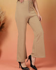 Beige Solid Regular Fit front Flate Trouser
