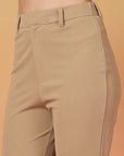 Beige Solid Regular Fit front Flate Trouser
