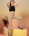 Beige Solid Regular Fit front Flate Trouser