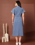 Solid Blue Shirt Collar Midi Dress