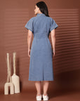 Solid Blue Shirt Collar Midi Dress