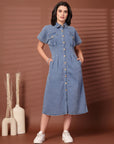 Solid Blue Shirt Collar Midi Dress