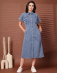 Solid Blue Shirt Collar Midi Dress