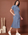 Solid Blue Shirt Collar Midi Dress
