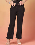 Black Solid Regular Fit front Flate Trouser