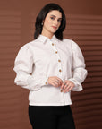 White solid Cotton Casual Buttoned Top