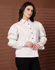 White solid Cotton Casual Buttoned Top