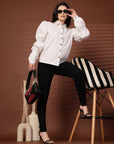 White solid Cotton Casual Buttoned Top