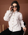 White solid Cotton Casual Buttoned Top