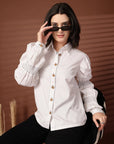 White solid Cotton Casual Buttoned Top