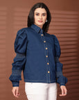 Navy blue solid Casual Buttoned Top