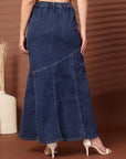 Solid Blue Denim Mermaid Flared Maxi Skirts