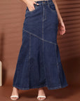 Solid Blue Denim Mermaid Flared Maxi Skirts