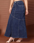Solid Blue Denim Mermaid Flared Maxi Skirts