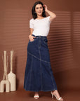 Solid Blue Denim Mermaid Flared Maxi Skirts