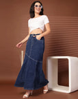 Solid Blue Denim Mermaid Flared Maxi Skirts