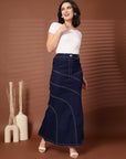 Solid Blue Denim Mermaid Cut Maxi Skirts