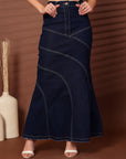 Solid Blue Denim Mermaid Cut Maxi Skirts