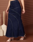 Solid Blue Denim Mermaid Cut Maxi Skirts