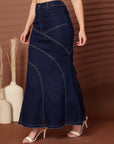 Solid Blue Denim Mermaid Cut Maxi Skirts