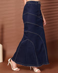 Solid Blue Denim Mermaid Cut Maxi Skirts